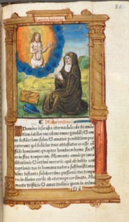Printed Book of Hours (Use of Rome):  fol. 90r, St. Bridget in Prayer before an Apparition of