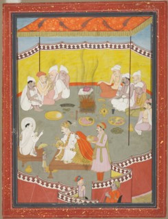 Royal Couple Distributing Meals, 1700s. India, Pahari,  Guler, 18th century. Opaque watercolor on