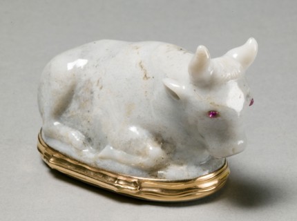 Snuff Box in the Form of a Reclining Bull (Bonbonnière), c. 1750-60. Germany, Berlin or Dresden,