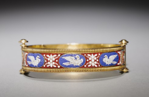 Bracelet, c. 1860-1870. Attributed to Fortunato Pio Castellani Firm (Italian). Gold, micro-mosaic