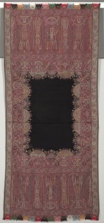 Long Shawl with Black Center and Exotic Four-Sided Gallery in Chinoiserie Style, 1840s. India,
