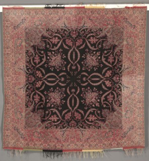 Square Shawl in Renaissance Style with Black Center and Quarter Shawl Layout, 1840s. France, Nimes;