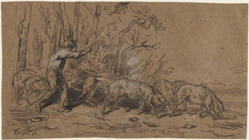 The Truffle Gatherers, c. 1849. Charles-Émile Jacque (French, 1813-1894). Brown ink heightened with