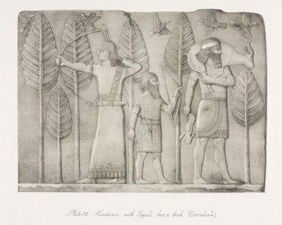 Monuments of Ninevah: Plate 32, Huntsmen with Gazelle, Hare and Birds (Khorsabad), 1853. Austen