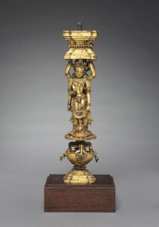 Support with Addorsed Figures, 1400s. Tibet, Densatil Monastery, 15th century. Gilt bronze;