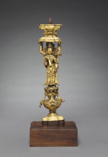 Supports with Addorsed Figures, 1400s. Tibet, Densatil Monastery, 15th century. Gilt bronze;