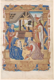 Leaf from a Book of Hours: Adoration of the Magi (recto) and Text with Illustrated Border (verso)