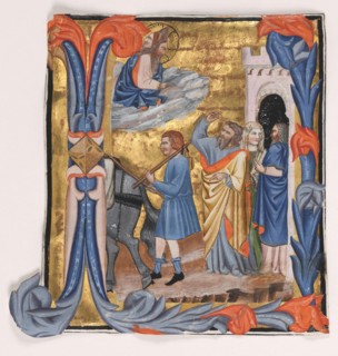 Cutting from a Gradual: Initial I with Departure of Tobias, c. 1390. "Master of Noah's Ark"