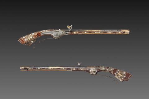 Pair of Wheel-lock Petronels, c. 1630. Georg Kurland (Polish). Steel, gilding, and wood inlaid with