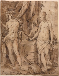 Apollo with Erato and Cupid, 1595. Johann Kellerthaler (German, c 1560/2-1611). Pen and black ink