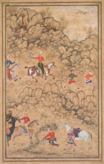 Hunting with Falcons in a Landscape, c. 1558-1560; borders added probably 1700s. Attributed to Abd