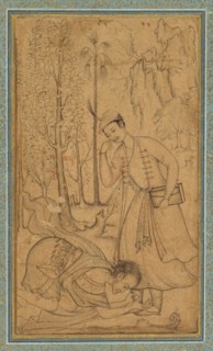 A Holy Man Prostrating Himself Before a Learned Prince, c. 1585; border added probably 1700s.