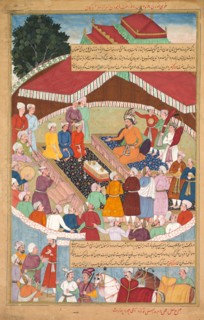 Hulagu Khan giving a feast and dispensing favor upon the amirs and princes, from a Chingiz-nama
