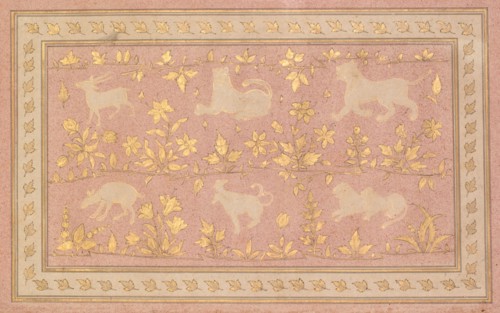 Stenciled Scenes of Lion and Gazelle, c. 1710. India, Mughal, early 18th century. Ink and gold on
