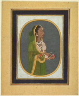 Court lady pouring wine, c. 1760; borders c. 1830s. Attributed to Muhammad Rizavi Hindi (Indian,