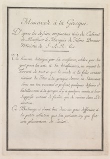 Mascarade à la Grecque: Title Page (Plate 1), 1771. Benigno Bossi (Italian, 1727-1792). Etching
