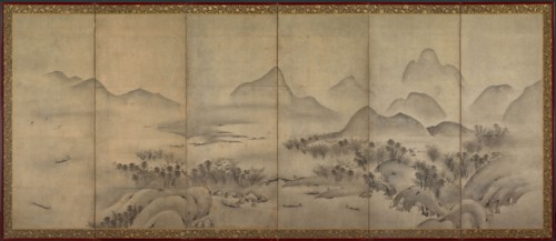 Moonlit Landscape, late 1500s. Japan, Muromachi period (1392-1573). Pair of six-panel folding