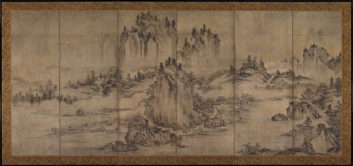 Landscape, second half of the 1500s. Japan, Muromachi period (1392-1573). One of a pair of
