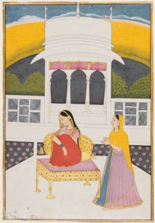 A Nakiya, probably Proshitaperyasi Nayika, c. 1740. India, Jammu. Color on paper; miniature: 21 x