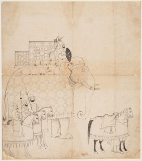 A drawing of Caparisoned Elephant and Horses, c. 1760. India, Jammu. miniature: 41 x 36.2 cm (16