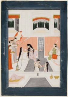 A lady at her toilette listens to music by the side of a palace water cascade, c. 1780. Northern