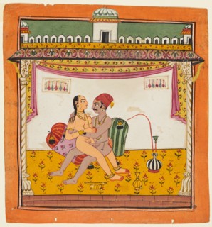 A couple seated against two pillows engaged in sex,  from an erotic series, c. 1700-10. India,