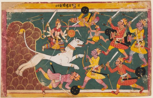A page from the Devi-Mahatmya: The Goddess as the Drinker of the Demon Raktabija, c. 1640. Central