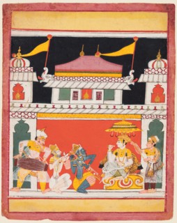 Shri Raga, from a Ragamala series; Three musicians perform before a noble, c. 1650. Central India,