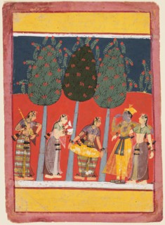 A page from a Rasikapriya series: Krishna and Radha and the Sakhis with musical instruments, c.