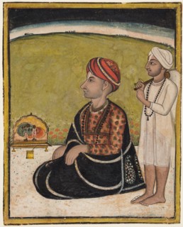 Noble seated on an outdoor parapet worshiping a shrine of Krishna fluting, c. 1800. India, Madhya