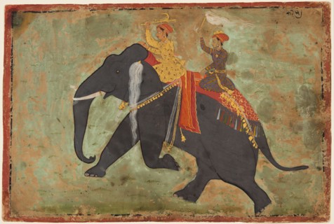 Prince Amar Singh as his own Mahout riding an Elephant, c. 1695. Attributed to Mewar Stipple Master