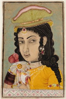 A European Lady holding a bottle and cup, c. 1710-20. India, Rajasthan, Mewar school. Color on