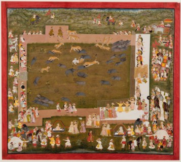 Maharaja Sangram Singh and his court observe a fight between tigers and boars at Sadri, c. 1720.