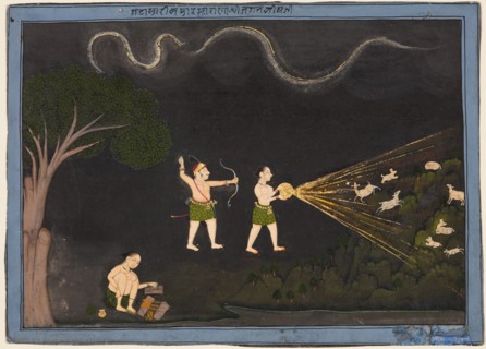 Maharana Jagat Singh dressed as a Bhil, hunting deer at night, c. 1735-40. India, Rajasthan, Mewar