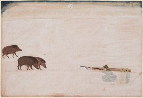 Raja Ram Chand of Amber ? hunting wild boar (r. 1667-1688), c. 1670. India, Rajasthan, Amber. Color