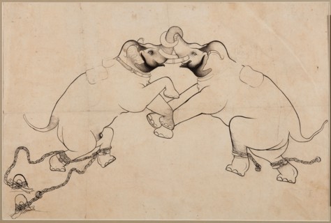 Two Elephants in Combat, early 1700s. Northwestern India, Rajasthan, Kota. page: 35.6 x 53.4 cm (14