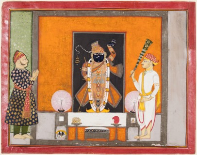 Raja Ram Singh (?) worships Krishna as Brij Nathji (the bridegroom), c. 1820. Northwestern India,