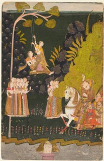 Maharaja Abhai Singh, Equestrian, Watching Girls Swinging at the Teej Festival, c. 1740.