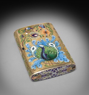 Cigar Box, c. 1986-1908. House of Fabergé, (Russian, 1842-1918). Silver gilt, enamel, sapphire set