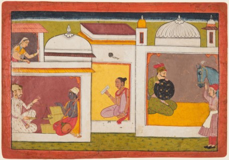 Inside a building, Madhava sits facing a man holding a scale, from a Madhavanala Kamakandala