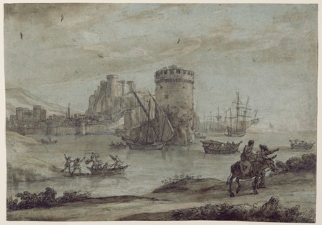 Figures in a Landscape before a Harbor; Claude Lorrain, Claude Gellée, French, 1604 or 1605 ? - 1682, France; late 1630s; Pen