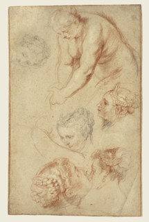 Studies of Women; Peter Paul Rubens, Flemish, 1577 - 1640, 1628; Black, red, and white chalk, lower right corner replaced