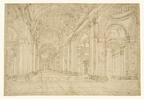 Interior of Saint Peter's Basilica; 17th century; Black chalk, pen and brown ink; 28.9 x 42.9 cm, 11 3,8 x 16 7,8 in