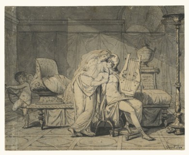 Paris and Helen; Jacques-Louis David, French, 1748 - 1825, 1786; Pen and black ink and brush and gray wash; 18.3 x 22.9 cm