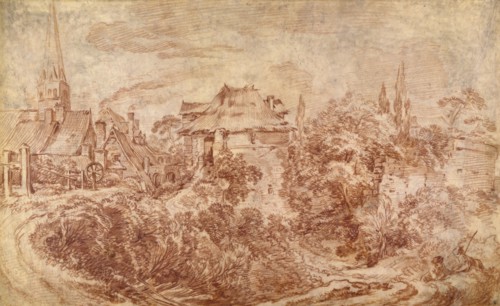 Landscape with Figures; François Boucher, French, 1703 - 1770, France; about 1726 - 1728; Red chalk on vellum; 30.5 × 49.2 cm
