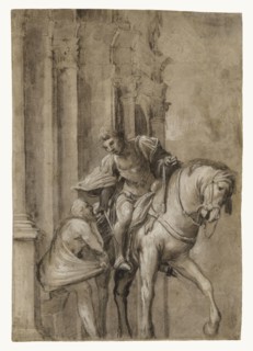 Saint Martin Dividing His Cloak with a Beggar; Lorenzo Lotto, Italian, Venetian, about 1480 - 1556, about 1530; Brush with