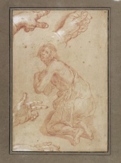 Three Studies of Women, recto, Four Studies of Hands and a Counterproof of a Kneeling Young Man, verso, Abraham Bloemaert