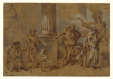 The Expulsion of Hagar; Giovanni Benedetto Castiglione, Italian, 1609 - 1664, Italy; late 1640s; Red-brown, blue-green