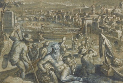 The Arno with Fishermen; Stradanus, Flemish, 1523 - 1605, Netherlands; between 1580 and 1596; Pen and brown ink, brown and blue