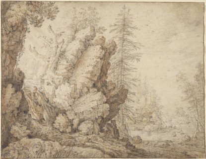 Landscape with Waterfall; Roelandt Savery, Flemish, 1576 - 1639, early 1620s; Black chalk and brush and red wash